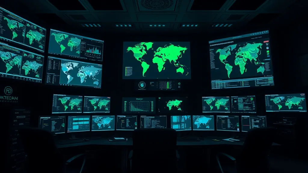A dark, professional high-tech security operations center wi