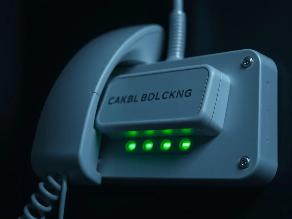 A technical close-up of a modern call blocking device connec