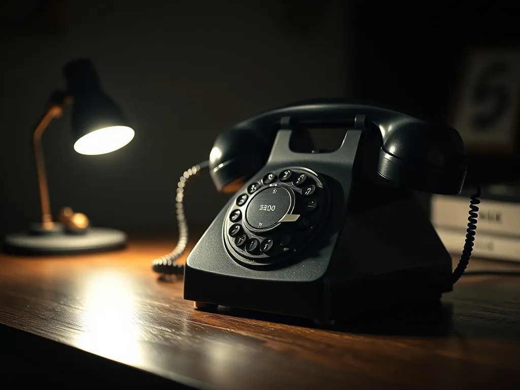Close-up of a vintage black rotary telephone on a dark woode