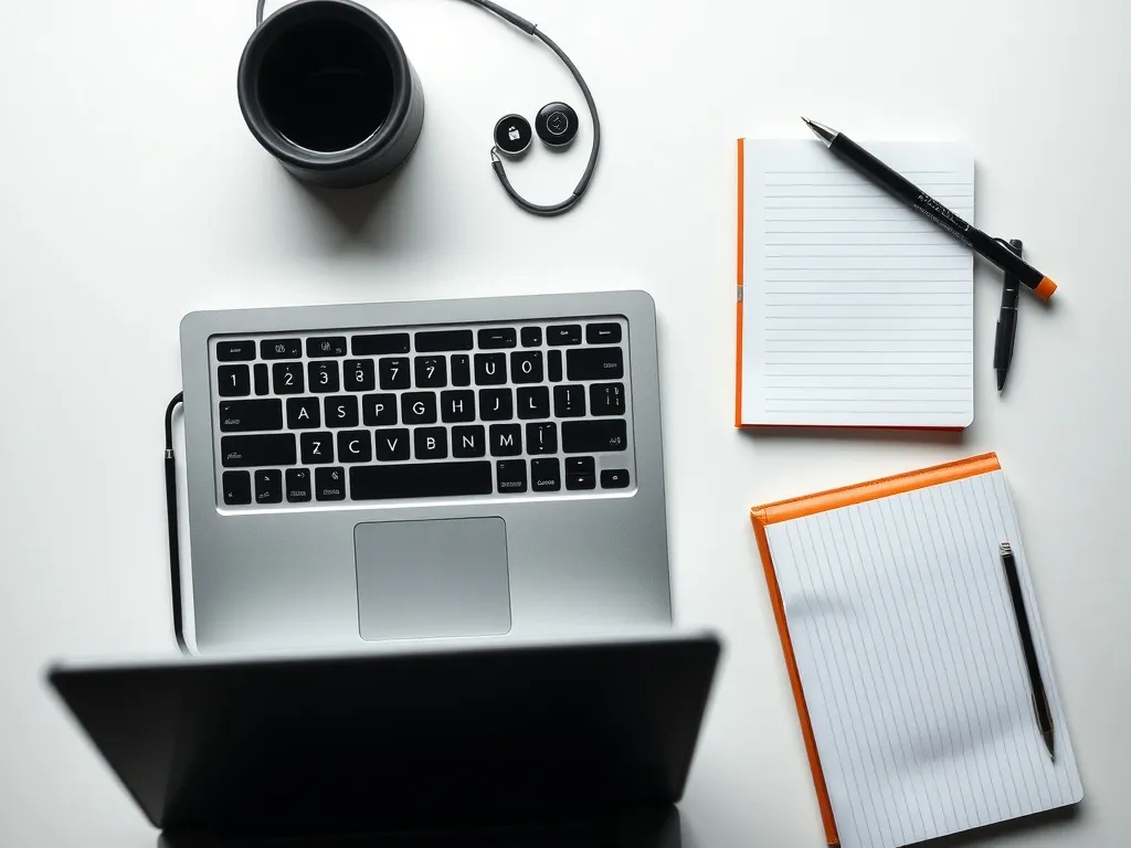 A technical top-down view of a clean workspace with a laptop
