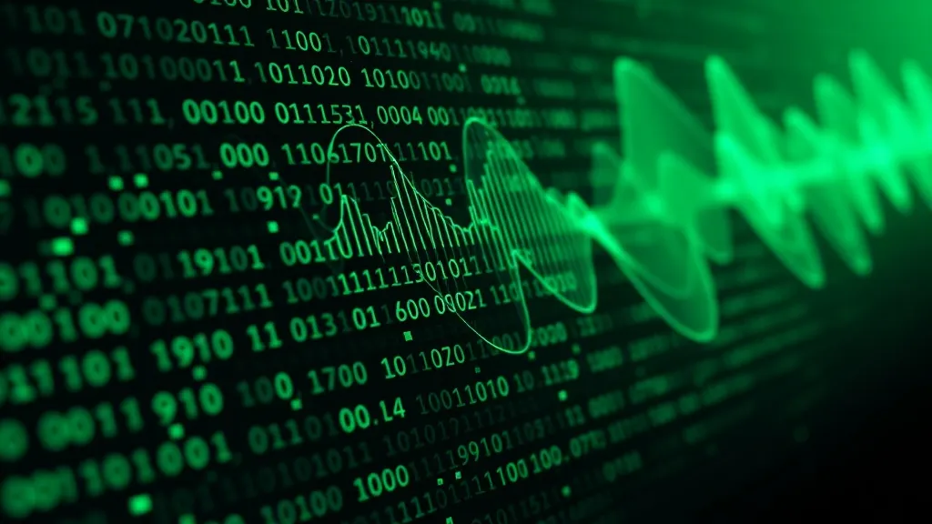 A high-tech digital visualization of sound waves morphing in